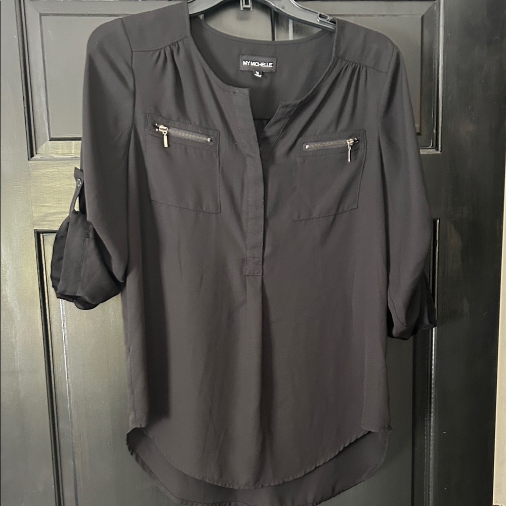 My Michelle Black Roll-Tab Zip Pocket Blouse